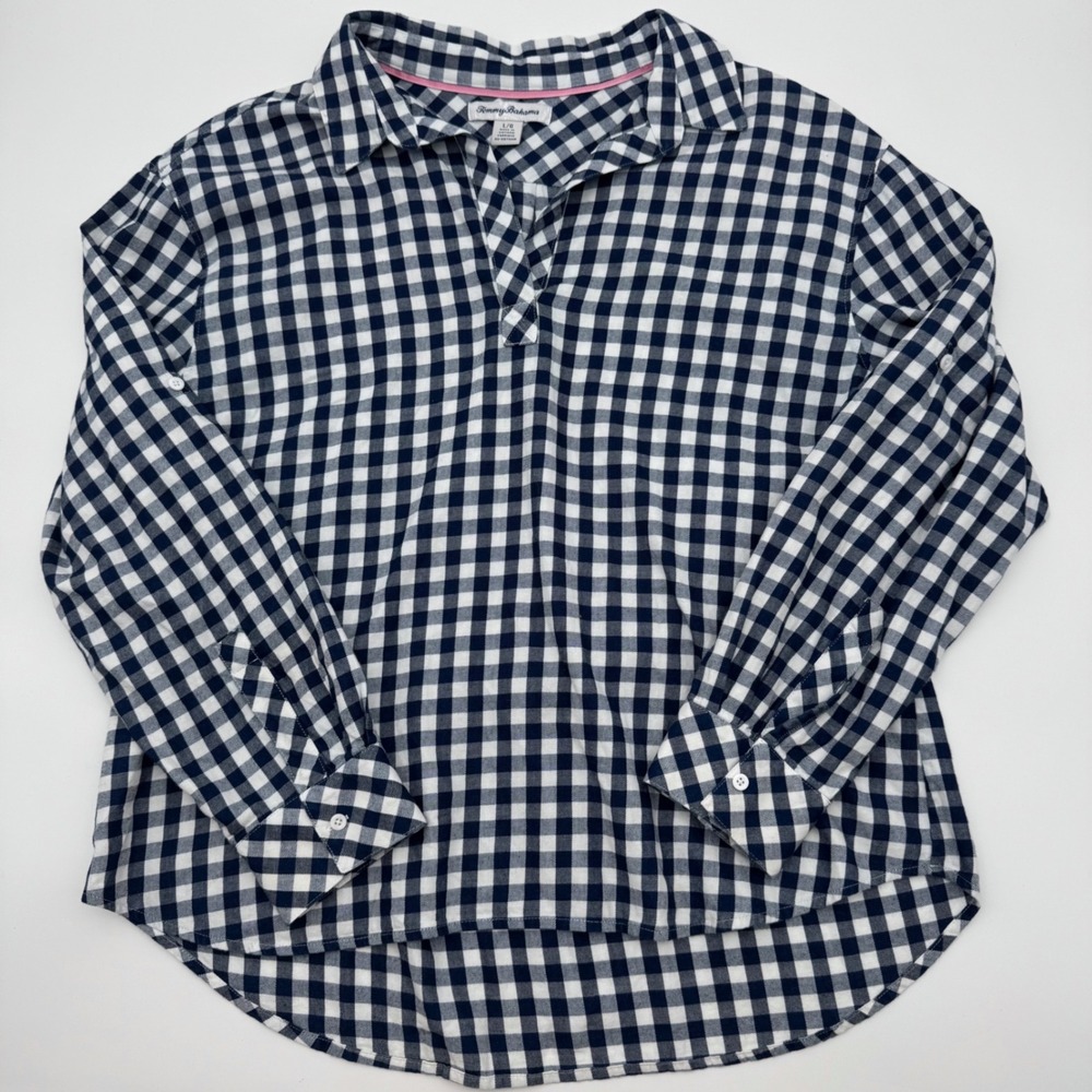Tommy Bahama Womens Navy Gingham Cotton Roll Tab Tunic Shirt Large